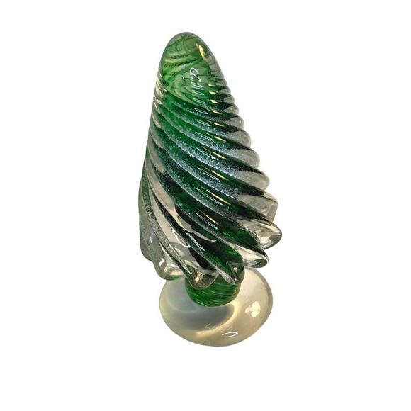 Hand Blown Figurine Christmas Tree Forest Green Clear Glass White Snow On Tree - Picture 2 of 10